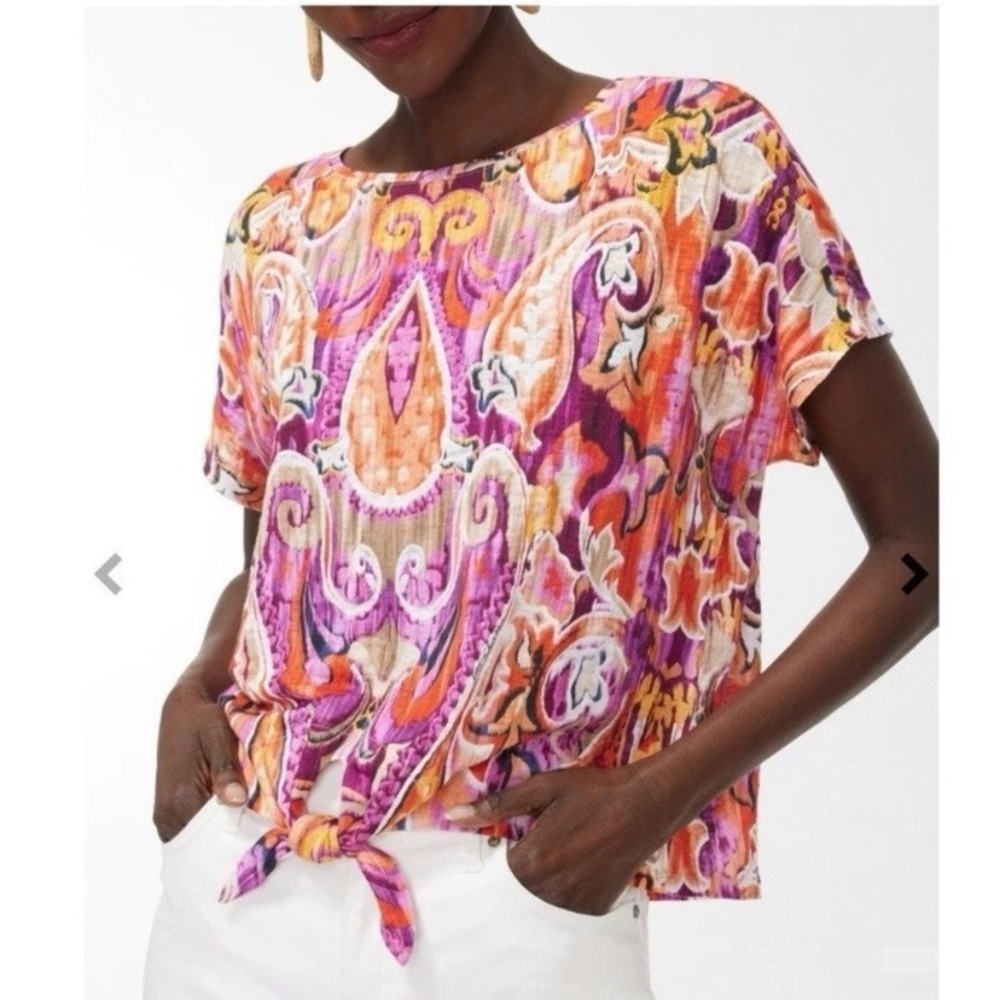 Chico's 100% Linen Printed Short Sleeve Tie Front Relaxed Top Size 3/XL